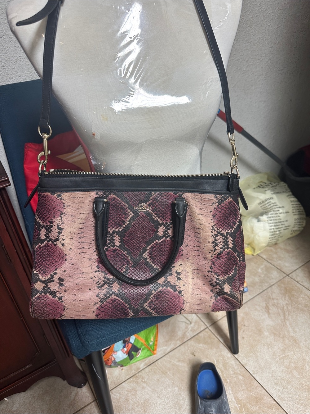Coach Python-Print Satchel in Pink and Black